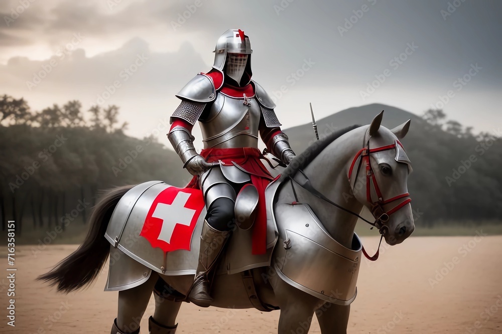 Fototapeta premium Swiss Knight with Armor and Horse and Swiss Flag. Generated AI