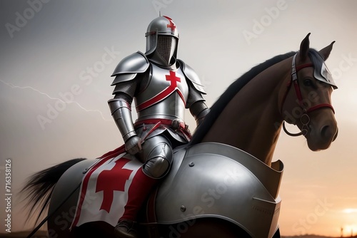 Knight templar with Horse and Red Cross. Generated AI