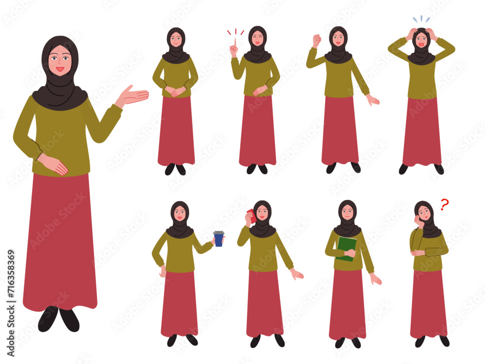 ヒジャブを着けたイスラム女性のポーズセット