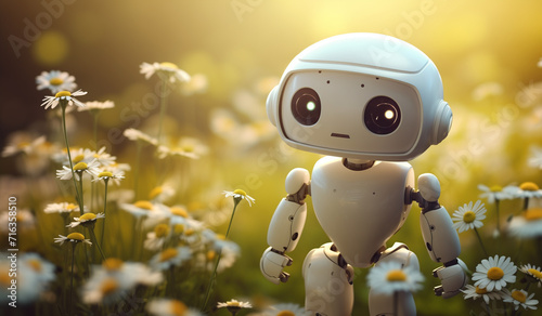 cute little mini robot with eyes on a path surrounded by nature