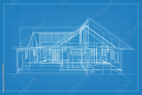 3D render of building wireframe structure. Perspective wireframe of house exterior. Abstract construction graphic idea. Vector illustration.