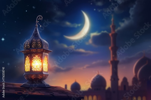 Ornamental Arabic lantern with burning candle glowing at night. Festive greeting card, invitation for Muslim holy month Ramadan Kareem.