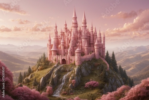 "A whimsical pink castle sits upon a rolling hill, its walls adorned with intricate details and its surroundings bathed in a dreamy pink hue." © Iresha