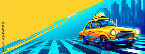 Foto yellow taxi on a dynamic blue and yellow background with an urban skyline, creating a sense of motion and energy