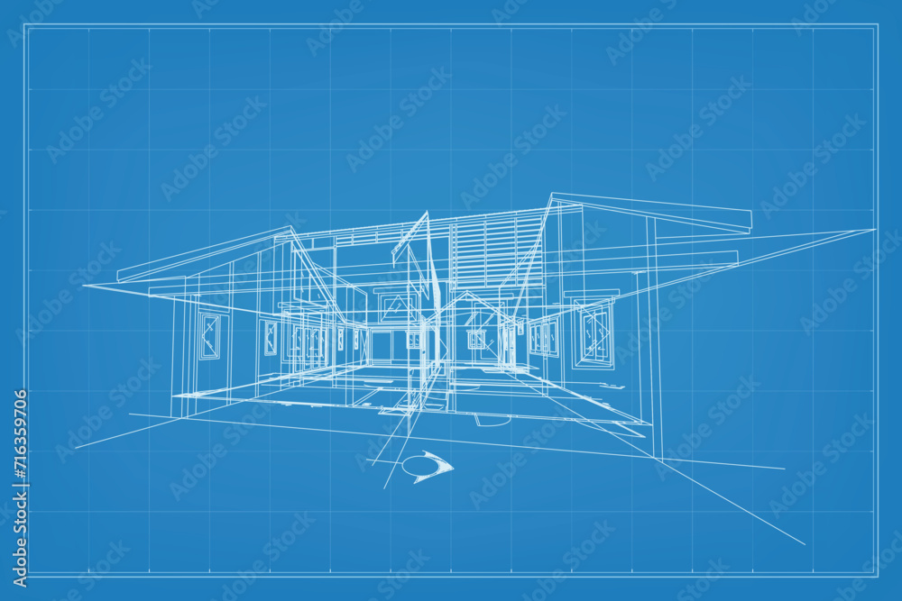 3D render of building wireframe structure. Perspective wireframe of house exterior. Abstract construction graphic idea. Vector illustration. 3D render of building wireframe structure. Perspective wireframe of house exterior. Abstract construction graphic idea. Vector illustration.