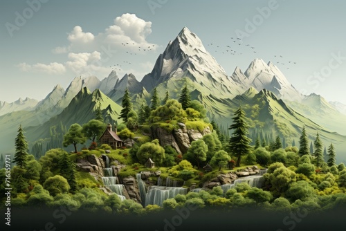 Pristine Mountain Wilderness, on an isolated Sage Green background, Generative AI