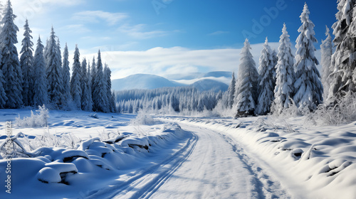 winter panorama on the road through coniferous forest. Winter landscape