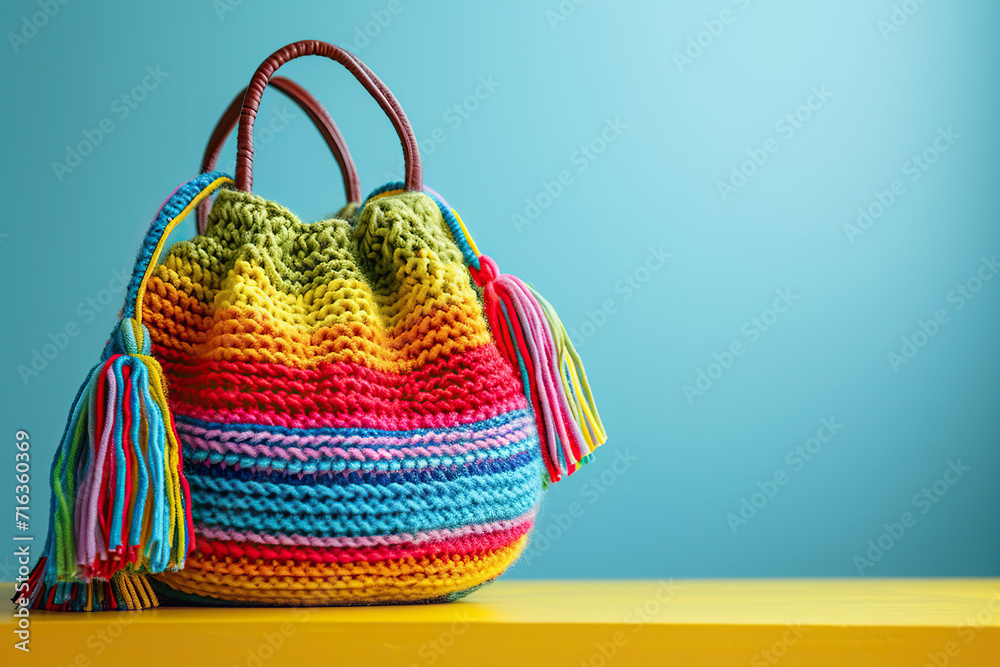 Colorful knitted bag on a blue background. Copy space. Colorful knitted bag on a blue background. Copy space.