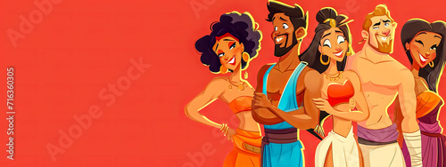 group of stylized, cheerful characters in vibrant attire, set against a bold red background, suggesting a lively and playful mood.