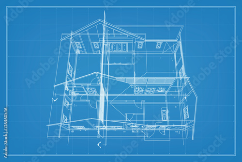 3D render of building wireframe structure. Perspective wireframe of house exterior. Abstract construction graphic idea. Vector illustration.