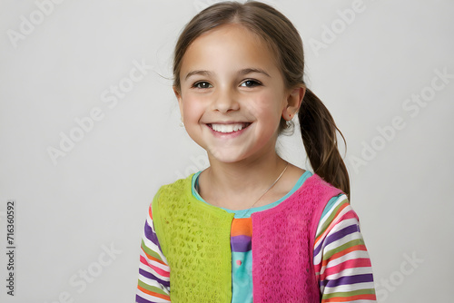 A cute eight year old school girl smiling wearing colorful clothes with room for copy. blank background