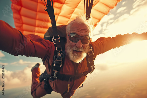 Elderly man jumping with a parachute.