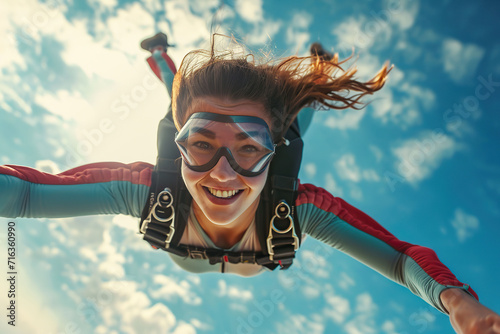 Young woman skydiving with a parachute in the air. Extreme sport. photo