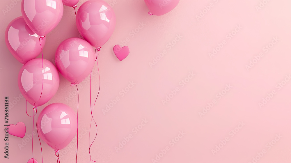 Valentine's Day background with pink balloons and hearts on a pink background.