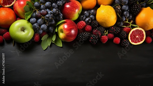 Colorful Fruit and Berry Assortment on Dark Surface