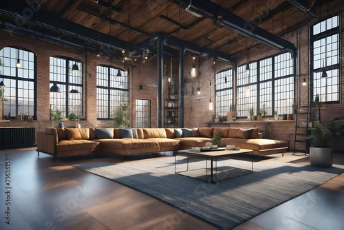 Living room loft in industrial style ,3d render © Nazir