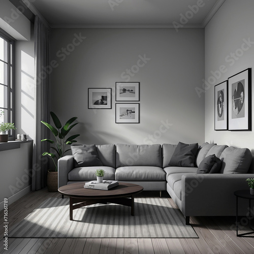 Mockup of 2 white simple frames on a wall behind the beige couch, Living Room, 3D render,  Light gray wall color, simple clean modern room design 2