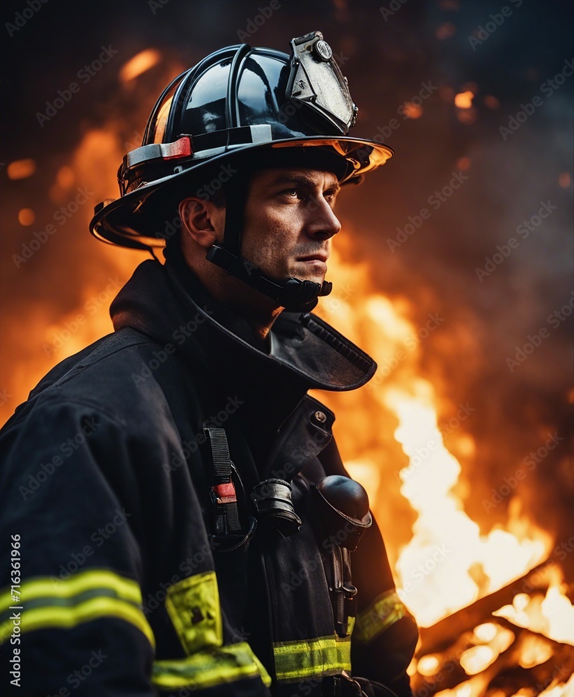 A helmeted firefighter looking exhausted in front of a fire A helmeted firefighter looking exhausted in front of a fire