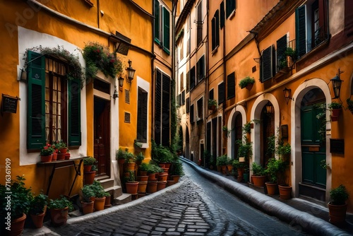 Cozy street in Trastevere, Rome, Europe. Trastevere is a romantic district of Rome, along the Tiber in Rome. Turistic attraction of Rome © Nazir