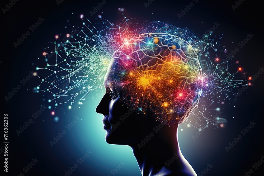 Brain puzzle, jigsaw: Occipital bone childhood disorder study. Brainwave convergence iridescent cognitive flux. Head imaging intellectual advancement detecting dementia, cognitive brain challenges
