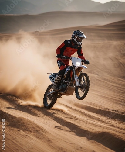A person doing motocross on a dirt and dusty road. doing acrobatic stunts in the air 