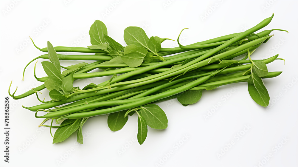 A captivating image featuring fresh long beans against a clean white backdrop, highlighting their vibrant green color and crisp texture. A minimalist and elegant visual, perfect for culinary or artist A captivating image featuring fresh long beans against a clean white backdrop, highlighting their vibrant green color and crisp texture. A minimalist and elegant visual, perfect for culinary or artist