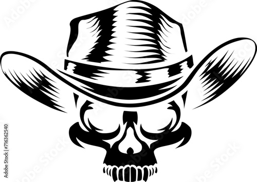 A cowboy human skull and wearing a western style hat. Grim reaper western wild west cartoon.