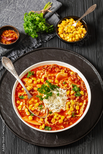 lasagna soup with ground beef, corn, tomato paste