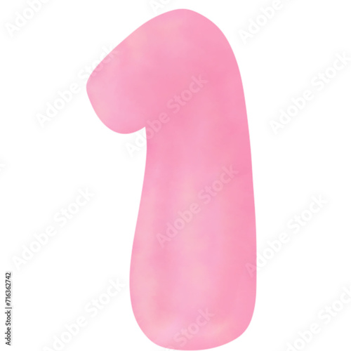 Number 1 pink painted in watercolor, vector illustration.
