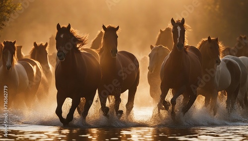 A wild herd of natural horses crossing the river, golden hour 