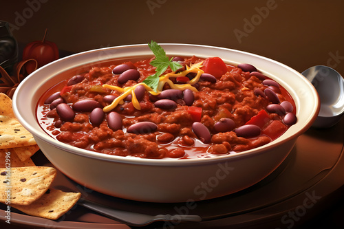 Traditional Mexican or Texas Chili con carne in black bowl on black background - Ai Generated