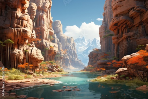 Steep Cliffs and Waterfall in Hidden Canyon, on an isolated Teal background, Generative AI