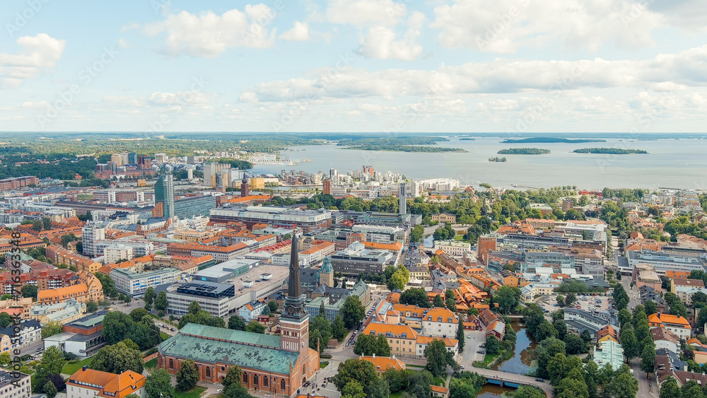 Vasteras, Sweden. Westeros Cathedral. Panorama of the central part of the city. Summer day, Aerial View