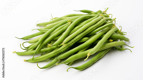 A captivating image featuring fresh long beans against a clean white backdrop, highlighting their vibrant green color and crisp texture. A minimalist and elegant visual, perfect for culinary or artist photo