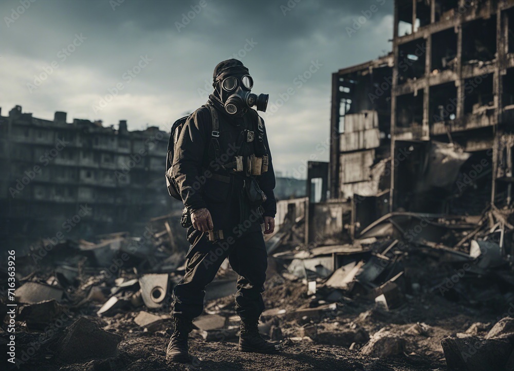 person in gas mask among collapsed buildings
person in gas mask among collapsed buildings