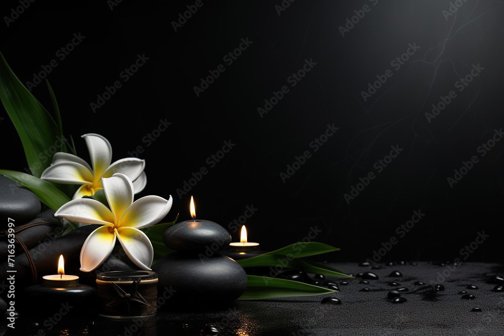 Black Spa background, wellness, skincare, massage foot therapy, therapist massage background, aromatherapy massage, thai, Asian, facial, pedicure, medicure, relax spa, towels, Spa stones
