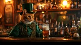 Cat-barman dressed in green clothes for St Patrick day in the irish pub preparing beer