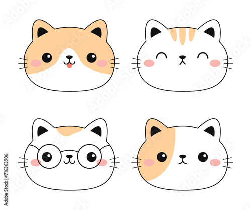 Cat face icon set. Kitten head in glasses, sleeping, happy kitty. Line contour silhouette icon. Funny kawaii smiling doodle animal. Cute cartoon baby pet character. Flat design. White background.