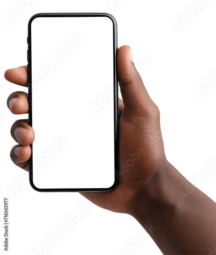 Woman's hand holding modern black smartphone, transparent isolated