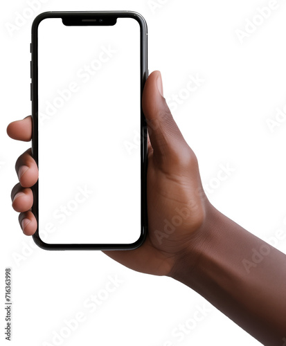 Woman's hand holding modern black smartphone, transparent isolated