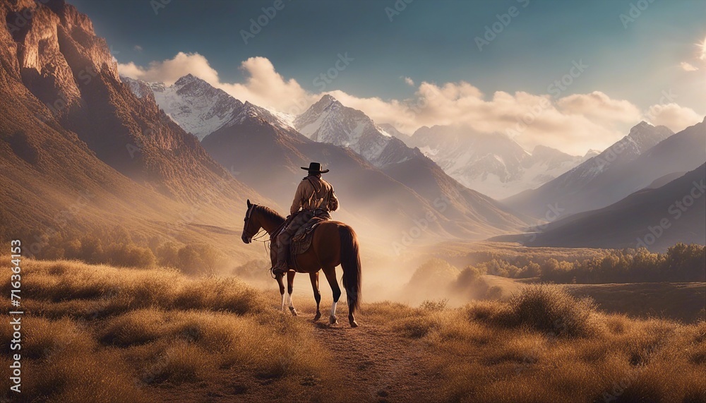 Cowboy on horseback with mountain background digital oil painting

