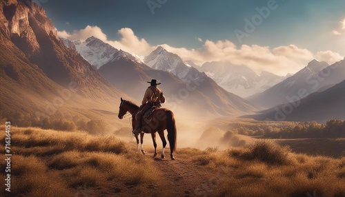 Cowboy on horseback with mountain background digital oil painting