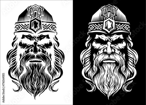 A Viking warrior or barbarian gladiator man mascot face looking strong wearing a helmet. In a retro vintage woodcut style.