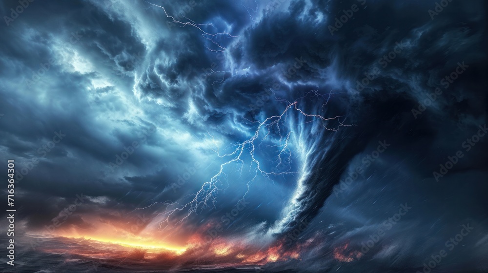 dramatic and powerful tornado. Lightning thunderstorm flash over the night sky. Concept on topic weather, cataclysms (hurricane, Typhoon, tornado, storm). Stormy Landscape     - obrazy, fototapety, plakaty 
