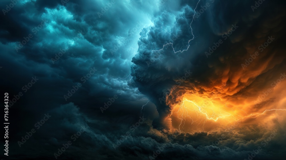 dramatic and powerful tornado. Lightning thunderstorm flash over the night sky. Concept on topic weather, cataclysms (hurricane, Typhoon, tornado, storm). Stormy Landscape   