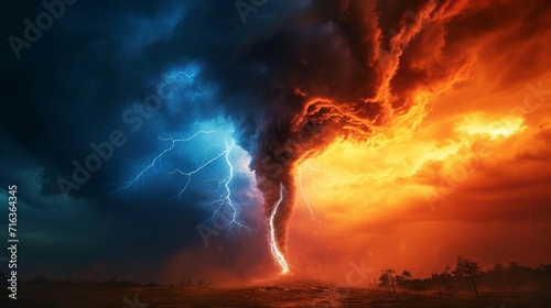 dramatic and powerful tornado. Lightning thunderstorm flash over the night sky. Concept on topic weather  cataclysms  hurricane  Typhoon  tornado  storm . Stormy Landscape   