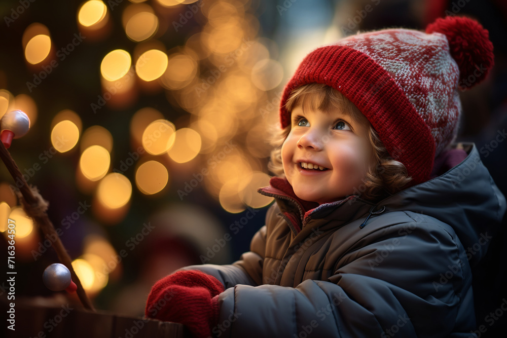 Little boy enjoying Christmas outdoor in magic snowfall.