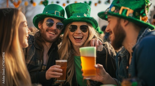 Group of friends wearing green top hat hanging out with beer during St Patrick day photo