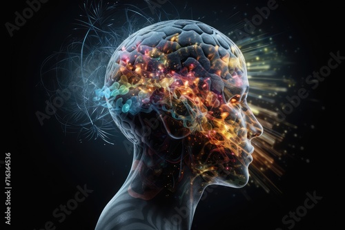 Colorful brain explosion creativity and neural connections. Receptor specificity insight aging process. Self improvement neurochemical pathways, flashes of inspiration. Neural synchronization decoding photo