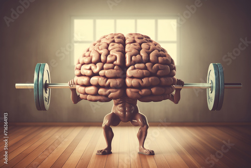 Human brain lifting heavy weights in gym. The concept of studying, learning or mental growth.